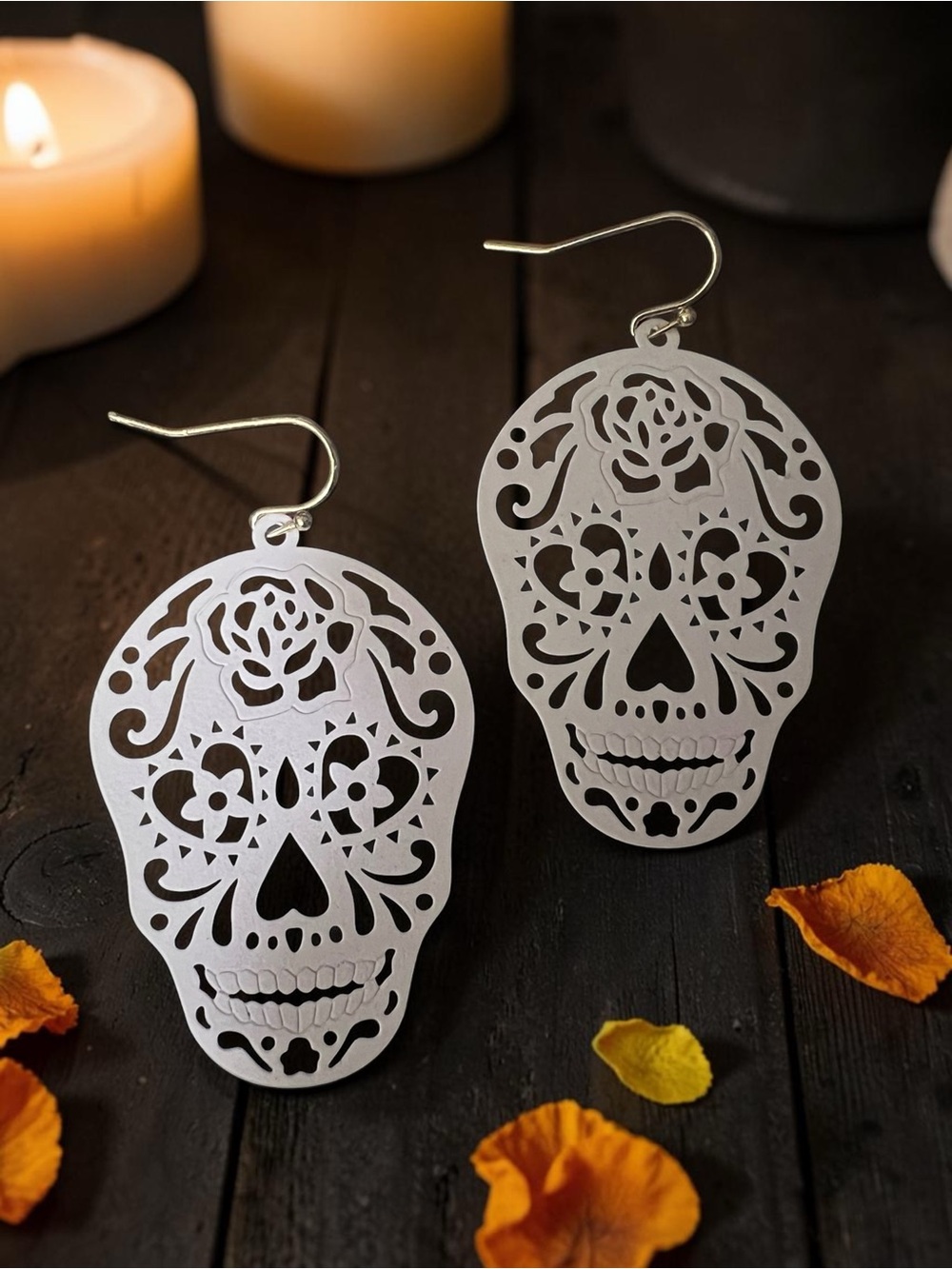 Sugar Skull Earrings ~ Day of the Dead ~ Día de Los Muertos ~ White Metal Dangle